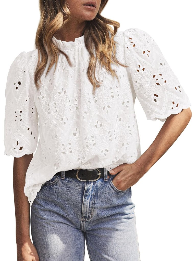 Summer Tops For Women 2026 Short Sleeve Embroidered Eyelet Shirts Dressy Casual